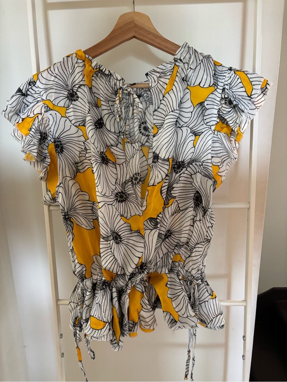 Yellow Floral Drawstring Ruffle Blouse